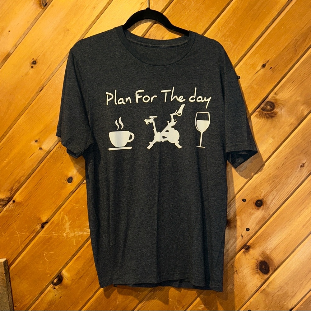 Dark gray "Plan For The Day Coffee Peloton Wine" graphic t-shirt
